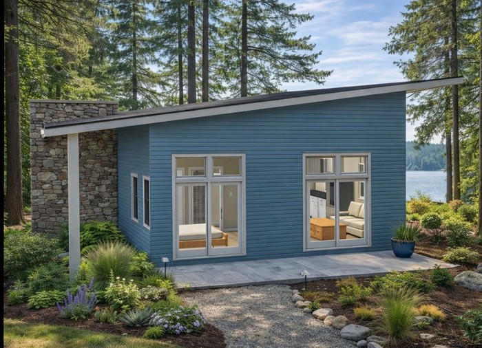 Modern one-bedroom ADU with stone accent and large glazing in a wooded setting